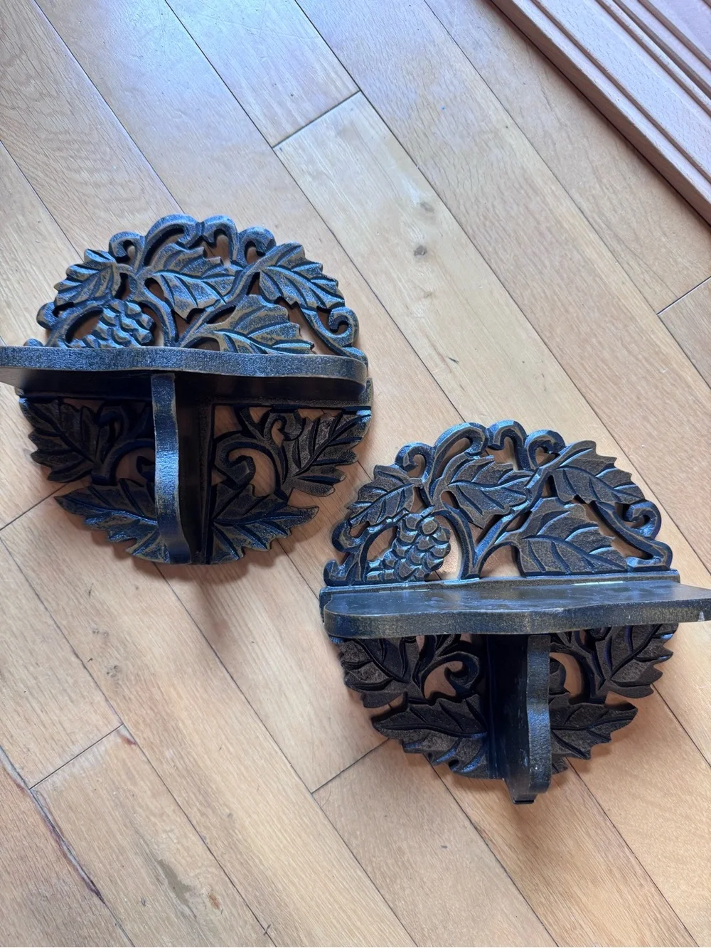Vintage Set of 2 Carved Wood Grapevine Wall Shelves for Plants/Candles/Figurines